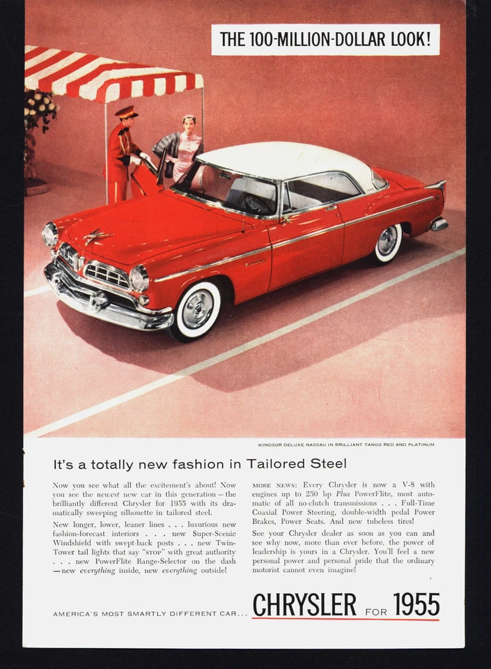 1955 CHRYSLER WINDSOR DELUXE NASSAU TANGO RED & PLATINUM VINTAGE PRINT AD - Image 1 of 1