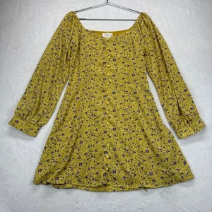 Lost + Wander Floral Mini Dress Long Sleeve Button Front Yellow Purple S - Picture 1 of 9