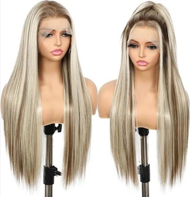 Peluca Ombre Marrón Rubia HD Frontal Encaje Cabello Humano Mezcla Destacados Sin Pegamento Foto 1 de 4