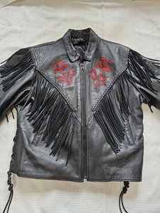 Interstate Leather Black Motorcycle Jacket Red Roses Tassels Fringe Women’s XL - Bild 1 von 14