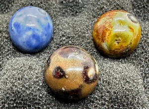 3 ANTIQUE BENNINGTON MARBLES BLUE BROWN FANCY 1800's HANDMADE GLAZED variation - Picture 1 of 6