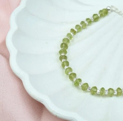 Green Peridot Faceted Rondelle Gemstone Silver Filled Beads Unisex Bracelet 6-8" - Image 1 of 4