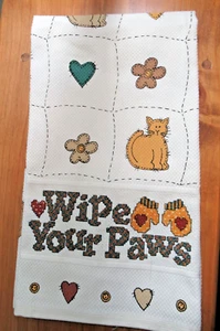 Handmade Finished Cross Stitch Towel - Wipe Your Paws Cat Mittens - Picture 1 of 3