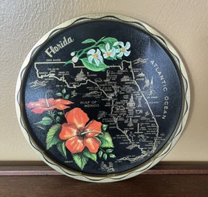 Vintage Florida Hibiscus Painted Metal Travel Souvenir Bowl United States - Picture 1 of 4