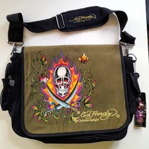 Sac à bandoulière Ed Hardy kaki 40x34cm avec motif tête de mort - Photo 1/6