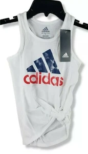 Adidas Girl's Tie Front Tank Top 21 Size 5 White Blue Red - Picture 1 of 12