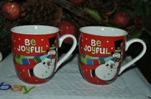 Set/2 tazze natalizie vintage Fitz & Floyd BE MERRY Be Joyful pupazzo di neve rosso a pois - Foto 1 di 3
