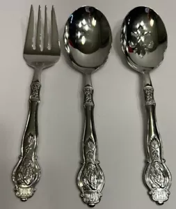Three Wallace Monkey Pattern 18/10 Pieces Pierced Spoon, Fork, Serving Spoon - Picture 1 of 8
