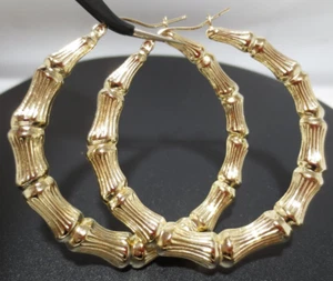 10K YG LARGE HOLLOW BAMBOO HOOP EARRINGS 52.84 MM ROUND 8.00 grams (A18478-2) - Picture 1 of 6