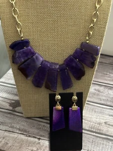 Barse Purple Dyed Agate Slice Statement Necklace and Earrings Set Gold Tone - Picture 1 of 4