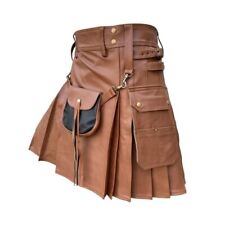 Leather Kilts For Men In Brown Color Button Closer And Belted Waist