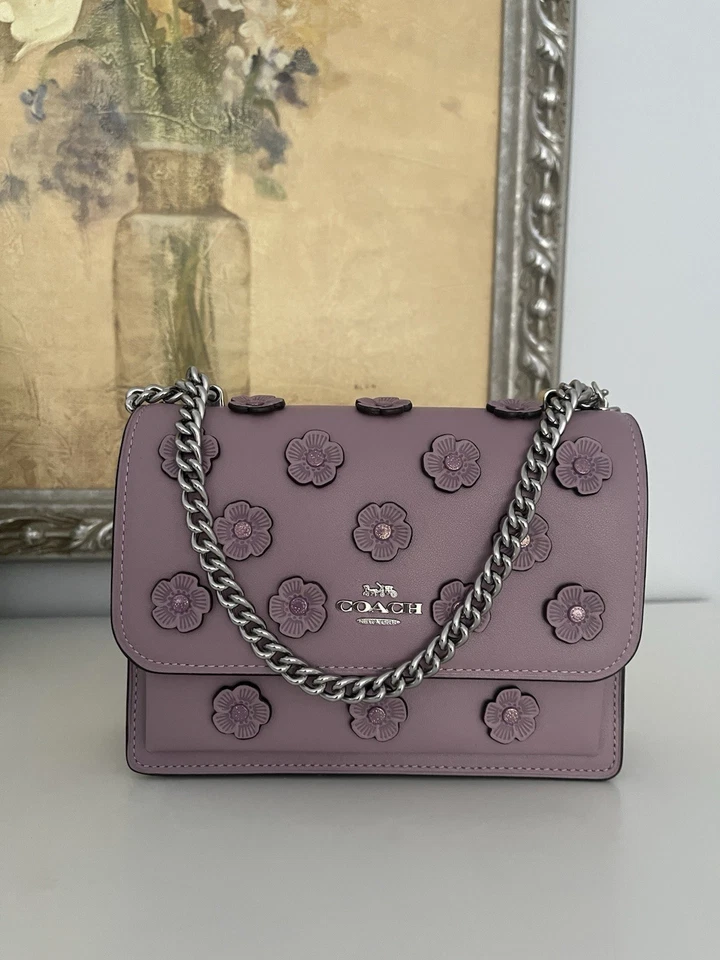 Bolso Bandolera Coach Mini Clare Cuero Con Apliques Florales Plateado Lila Nuevo con Etiquetas Foto 1 de 4