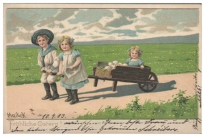 XX1050/ Mailick Litho AK Ostern Kinder mit Schubkarre 1903 - Bild 1 von 2