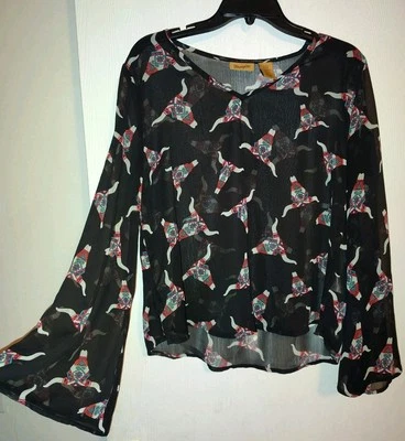 Blusa para mujer Wrangler negra manga campana cuerno largo transparente talla S Western Boho Foto 1 de 4