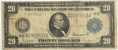 1914 $20 Federal Reserve Note, Fine F Condition, Minor Stains - Image 1 of 2