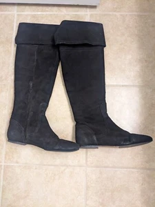 Cole Haan Black Suede Knee High Flat Boots Women Size 8B H10 D32690 Cuffed - Picture 1 of 5