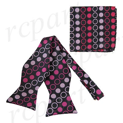 New formal Men's Self-tied Bow Tie & Hankie Polka dots Black Lilac Pink wedding - Image 1 of 3