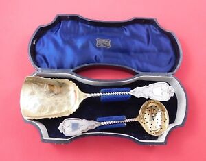 Coin Silver Fruit Set 2pc in Fitted Box Fruit Scoop and Sugar Sifter Gold Washed