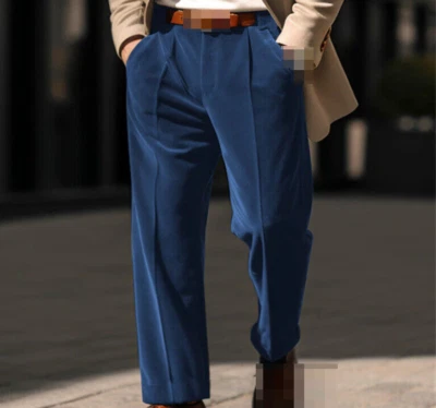 Pantalones formales de terciopelo para hombre bolsillo frontal rectos negocios vacaciones diarias pantalones Foto 1 de 4