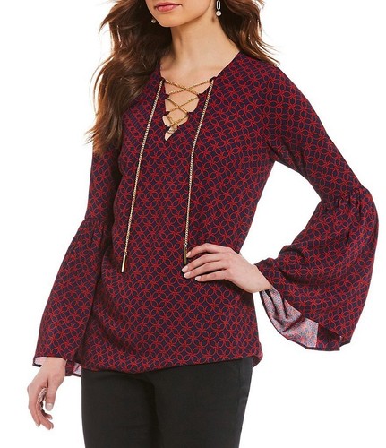 Nuovo con etichette $110 Top MICHAEL KORS stampa corda catena pizzo manica a campana blu navy rosso PICCOLO