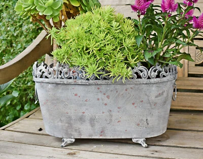 ❀ Jardiniere Blumentopf länglich Grau Metall Vintage 2 Gr. Schale Übertopf GW - Bild 1 von 4