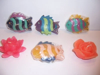 LOTE VINTAGE DE SEIS VELAS FLOTANTES PECES/FLOR TROPICALES Foto 1 de 3