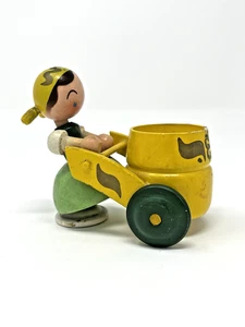 Wooden Dutch Girl with Yellow Cart Toothpick Holder Vintage Folk Art - Picture 1 of 7