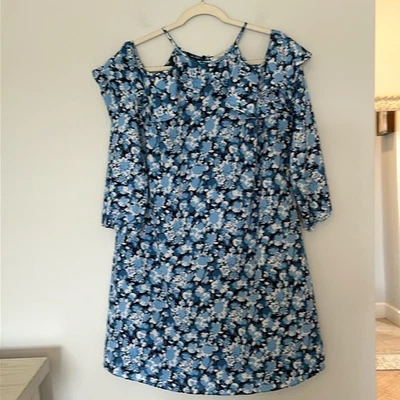 Vestido Michael Kors Hombro Frío Volantes Talla XL Azul Floral Cottagecore Fairy Foto 1 de 4
