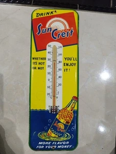 Vintage Drink SUN CREST Thermometer Tin merchandise 1950'S Not Porcelain - Picture 1 of 8