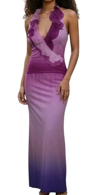 Vtg Kay Unger Sz 8 Womens Purple Silk Ruffle Coquette Fairy Kawaii Halter Dress - Image 1 of 4