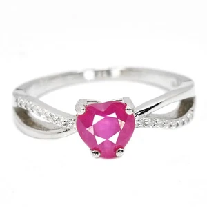 925 STERLING SILVER RING GENUINE PINK RED RUBY HEART & WHITE CZ SIZE 7.75 - Picture 1 of 10