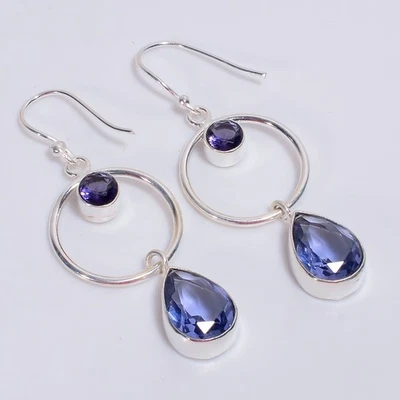 Pendientes étnicos de plata de ley 925 con piedras preciosas de amatista de iolita de 2,2" KE502 Y647 Foto 1 de 4