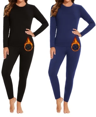 Roupa íntima térmica feminina 2 conjuntos camada base forrada de lã preta/azul M - Imagem 1 de 4