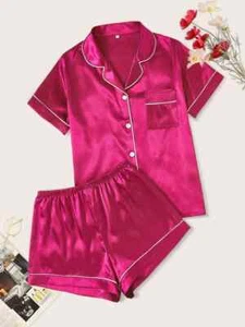 Solid Satin Pajama Set, Casual Short Sleeve Button Up Lapel Collar Top size 2XL - Picture 1 of 5
