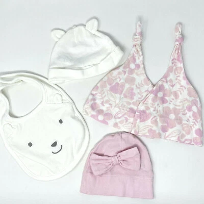 Target Carters NB Newborn Lot of 5 Hats and Bib Pink White Floral Bow Ears Bear - Image 1 of 4
