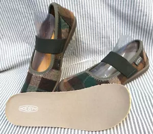 KEEN~NEW!!~SIENNA GREEN & BROWN PLAID SLIP ON MARY JANE FLAT SHOES 7.5W - Picture 1 of 11