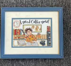 FRAMED COMPLETED CROSS STITCH: I NEED COFFEE NOW!: 28 x 23cm(SLIGHT DAMAGE) - Picture 1 of 1