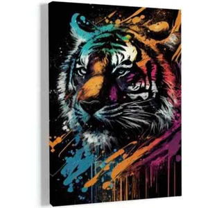 Tiger Face with Colorful Paint Splatters Wall Art  Canvas Unframed/Framed - Picture 1 of 6