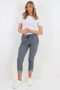 Ladies Italian Drawstring Waistband Cargo Trousers Women's Plain Magic Pants - Picture 1 of 31