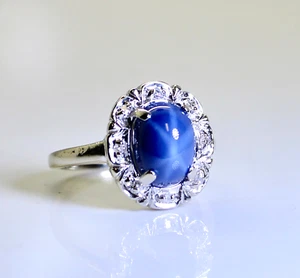 Wunderschöner Vintage 14K Weißgold Damen 2,25 Ct Oval Stern Saphir & Diamant Ring - Bild 1 von 5