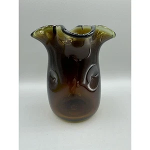 Vidrio Indiana?? Jarrón miel quemada arte vidrio pellizcado hoyuelo laterales soplado a mano MCM - Imagen 1 de 9