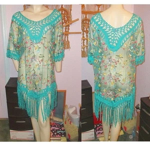 Asha Sheer Mesh Dress Size 1X Embroidered Crochet Fringe Coverup Boho Festival - Picture 1 of 12
