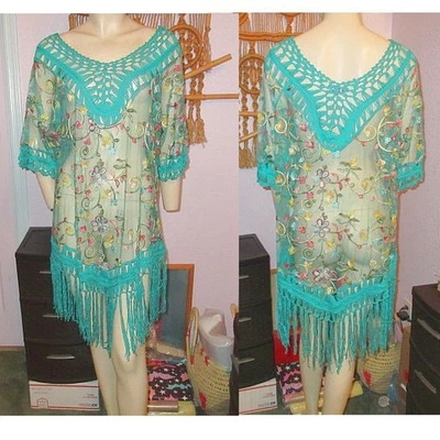 Asha Sheer Mesh Dress Size 1X Embroidered Crochet Fringe Coverup Boho Festival - Image 1 of 4