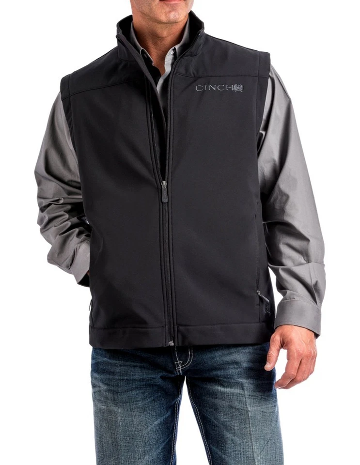 Cinch Men's Solid Bonded Softshell Zip Vest - MWV1012010 Black Size Small - VGC