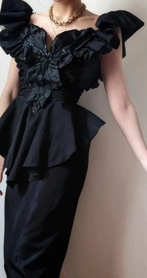 Vtg Contempo HALLOWEEN Black Rhinestone Beads Long Dress Peplum  V  Less -S - Image 1 of 4