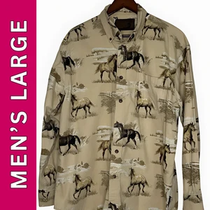 Men's Shirt Tan Horses Large Bluff Creek Outfitters Ranch Barn Country Rustic - Picture 1 of 22