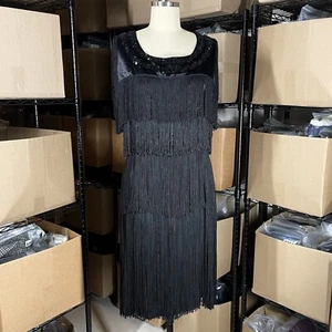 VINTAGE 1930s Black Sequin Fringe Silk Sheath Dress Size M? Flapper 30s Talon - Picture 1 of 24