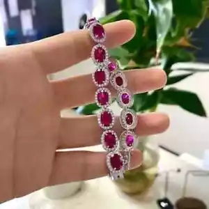 Black Friday 15Ct Oval Cut Red Ruby Diamond Tennis Bracelet 14K White Gold Over - Picture 1 of 4