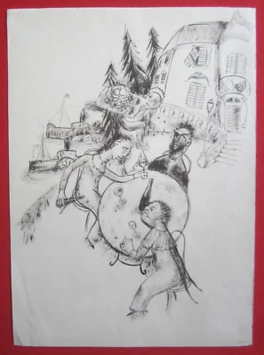 Orig. Lithographie Marc Chagall Familie Feier Pessach Fest Wein Judaika um 1950 - Bild 1 von 4