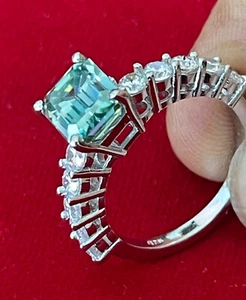 3.55 Ct VVS1- WHITE SKY BLUE EMERALD MOISSANITE DIAMOND SILVER RING-SIZE 8 - Picture 1 of 3